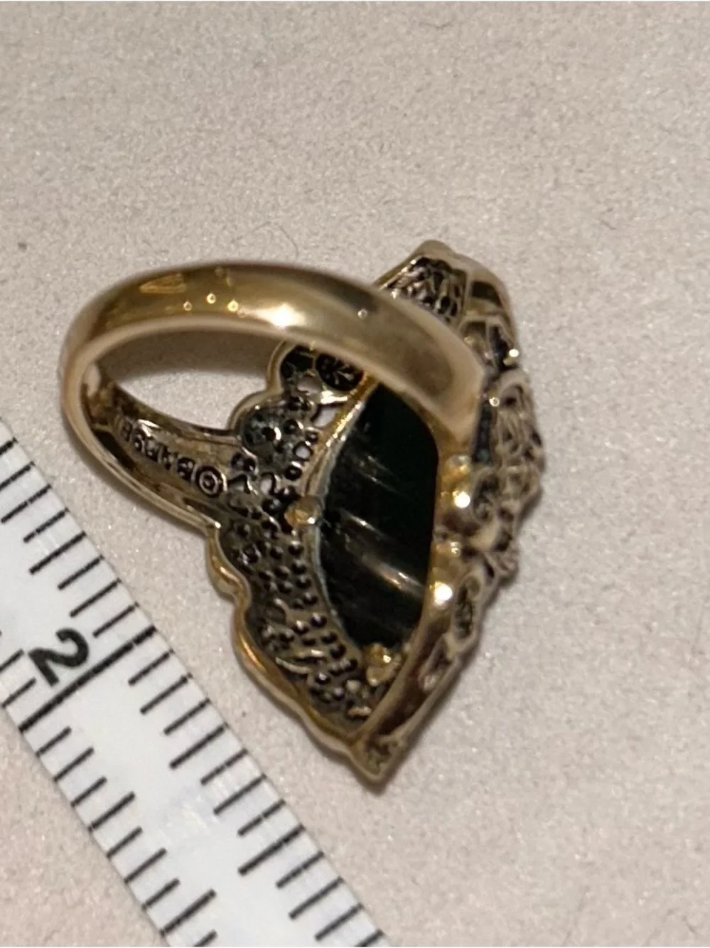 Barse Black Onyx Stone Bronze Filigree Ring with Gold-Tone Accents